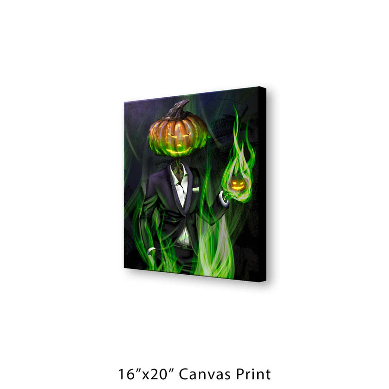 A 16" by 20" canvas print of a Pumpkinhead Man wearing a tuxedo and holiding a mini-jack o'lantern in his hand. Both pumpkins glow from the inside with a strange orange light. Green, magical fire swirls around them.