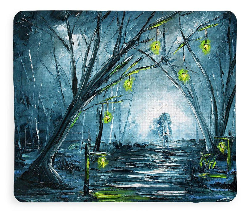 5th & Rugged's The Hollow Road Blanket: Spooky forest scene with Headless Horseman, lantern-lit graves, painted in cool greys - Cozy up this Halloween! Explore now!