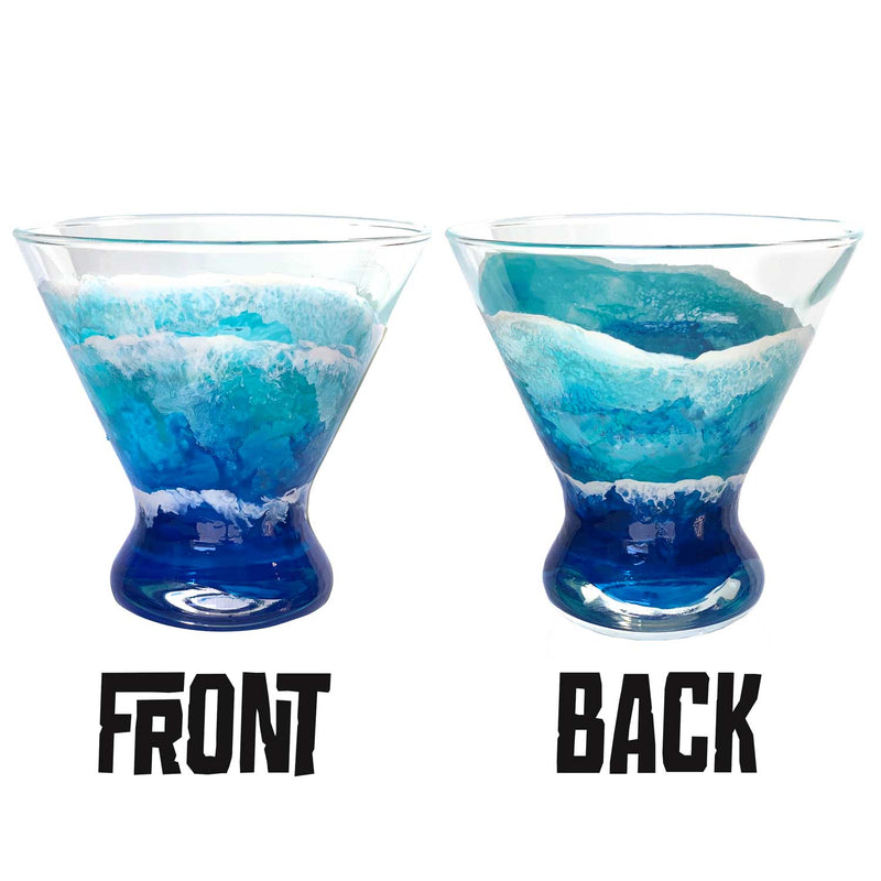 Set of beach barware with hand-painted waves by 5th & Rugged. Positioned for nautical bar or beach house decor.