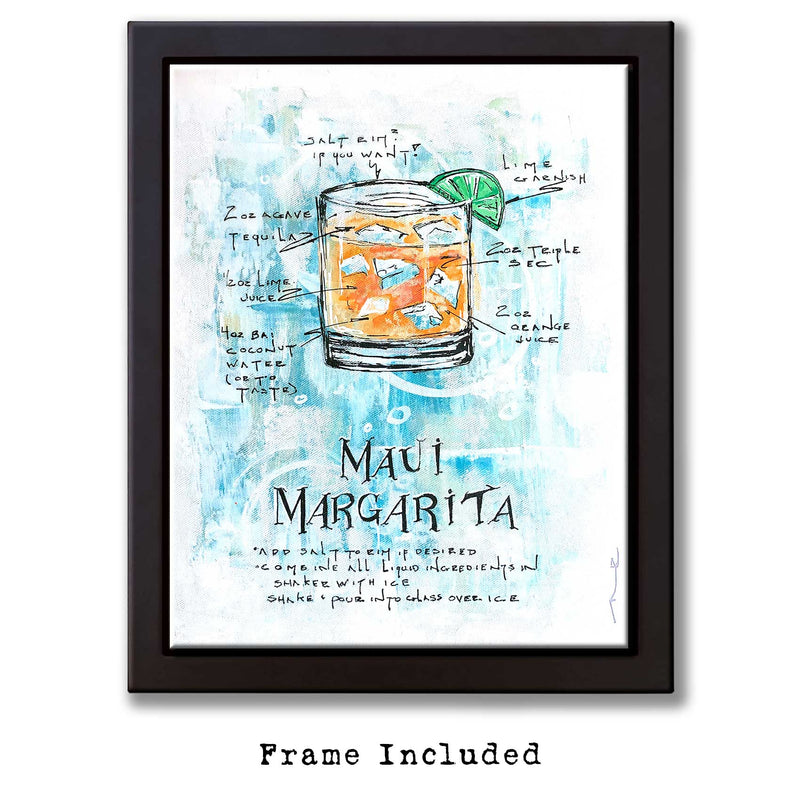 Framed tropical art of Margarita recipe on painted canvas with orange drink on turquoise