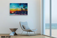 Surf shack décor of California coast sunset over a surfing beach with lifeguard tower and palms