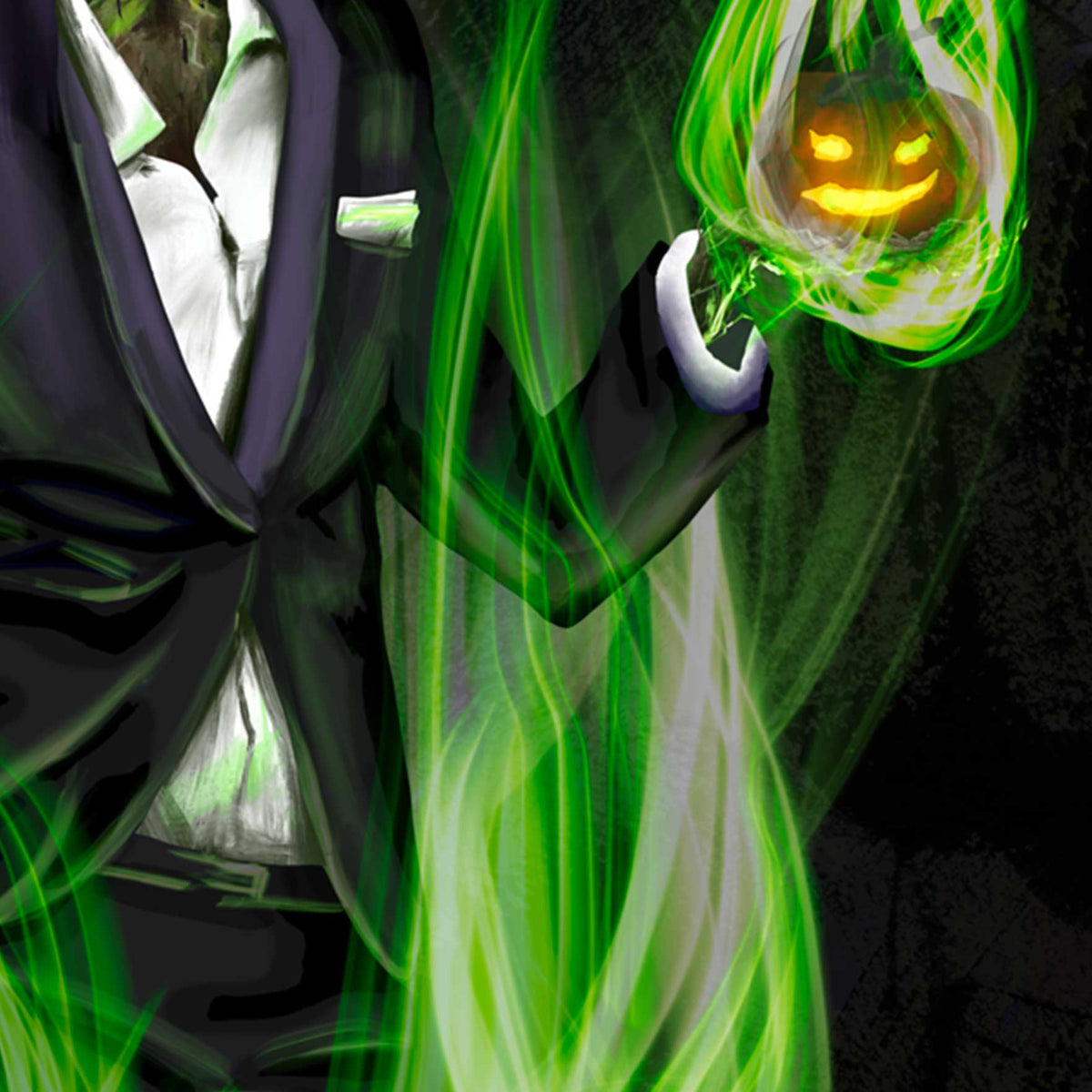 A closeup detail of a canvas print of a halloween Pumpkinheaded man surrounded by swirling green magical fire and holding a wickedly grinning mini-pumpkin