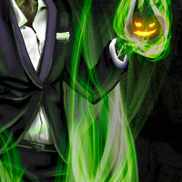 A closeup detail of a canvas print of a halloween Pumpkinheaded man surrounded by swirling green magical fire and holding a wickedly grinning mini-pumpkin