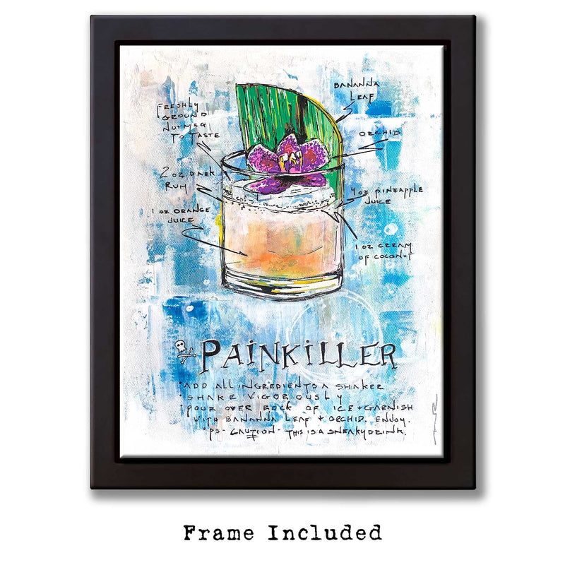Mixed-media wall art of orange tropical drink with purple orchid on a blue and white background