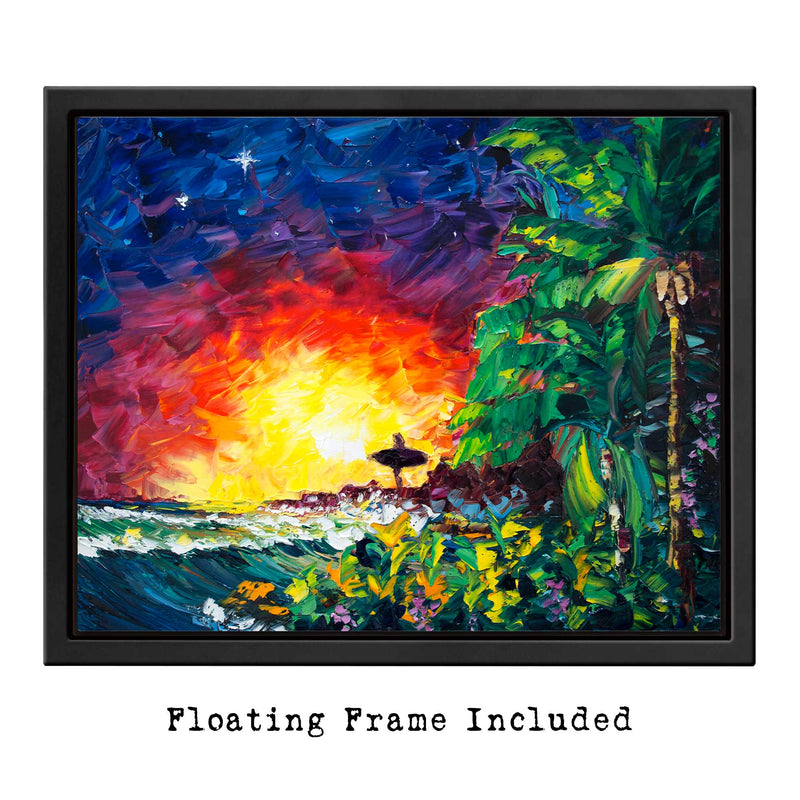 Vibrant hand painted surfer girl wall art in a black metal floating frame