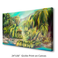 A 24"x36" giclée print on canvas on a white background of a tiki hut with a private beach on a lush tropical island.