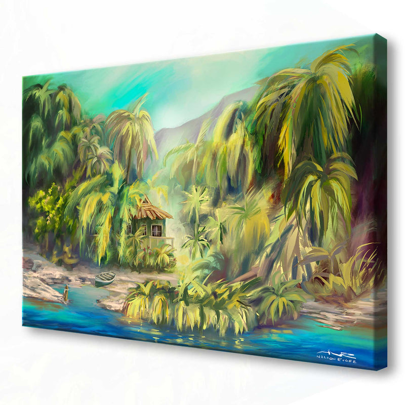 A giclée print on canvas on a white background of a shoreline along a tropical river with a surf shack surrounded by lush palm trees on a tropical island.
