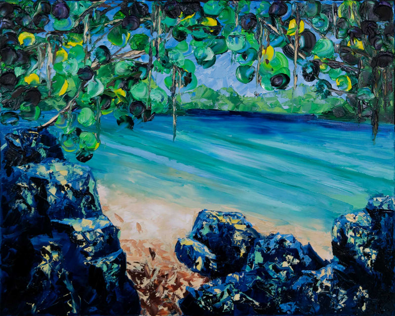 Original oil painting of white sand beach on St Thomas island with footprints beside blue ocean