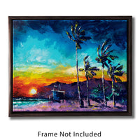 Beach house décor of a painted ocean sunset dropping into the Pacific. Palm trees blow in the wind off the coast.