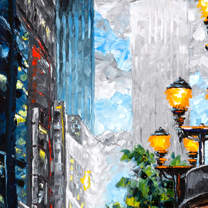 Winter wall art of a chilly urban cityscape with a man walking down a street among skyscrapers