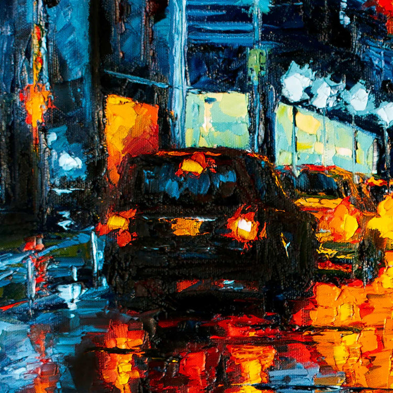 NYC wall art of rainy city night with glowing diner windows and traffic reflected in wet street