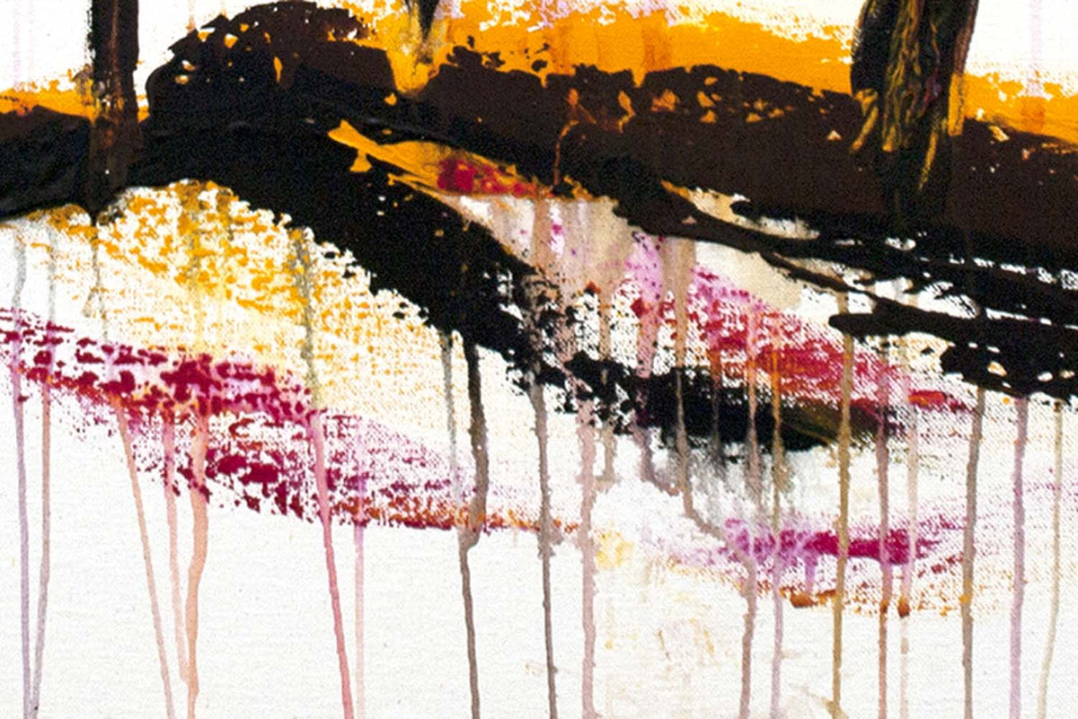 Forest painting of abstract trees with pink, green, and yellow autumn foliage on a zen white background