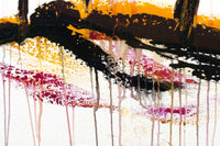 Forest painting of abstract trees with pink, green, and yellow autumn foliage on a zen white background