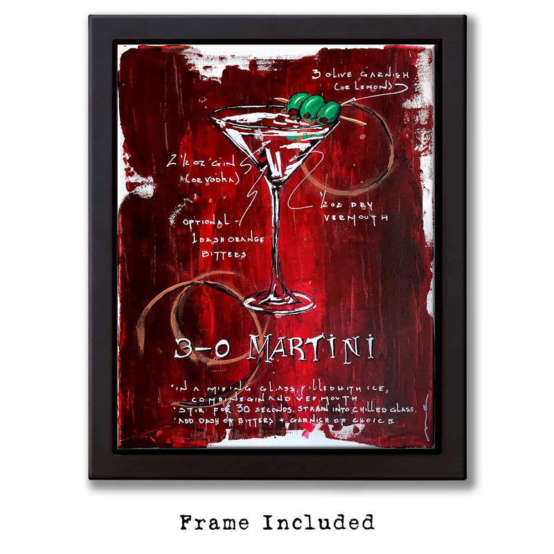 Urban wall art with Martini recipe on red and black painted canvas with illustrated cocktail