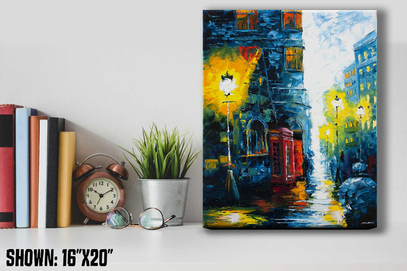 Urban wall art of cozy UK street with red telephone booth against blue buildings in modern home office