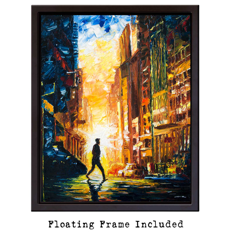 Urban landscape painting of Manhattanhenge with man silhouetted by sun