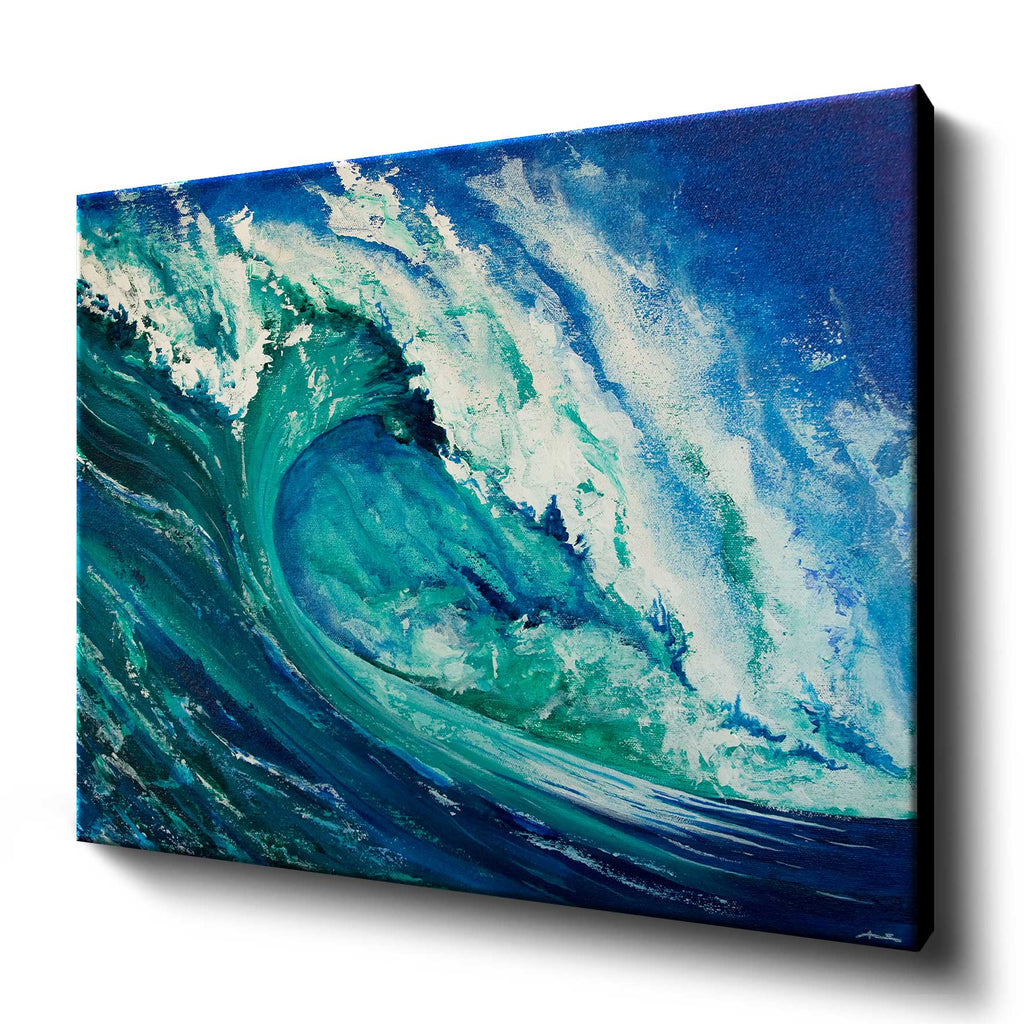 Large canvas art print of blue and green crashing wave against a deep blue sky