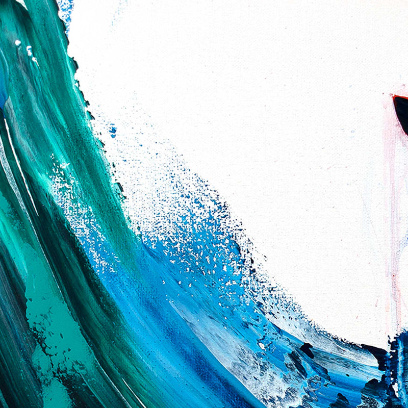 Wave wall art of abstract blue and green ocean curling across a white canvas with an abstract surfer