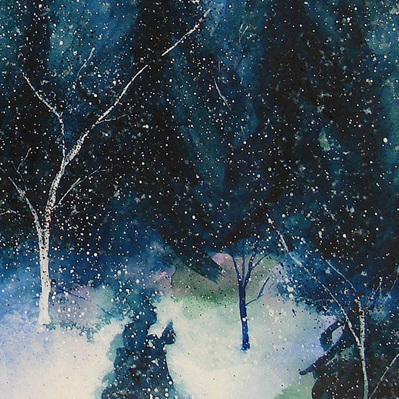Watercolor painting of the aurora borealis glowing above a dark winter forest, printed on canvas as large winter wall art.