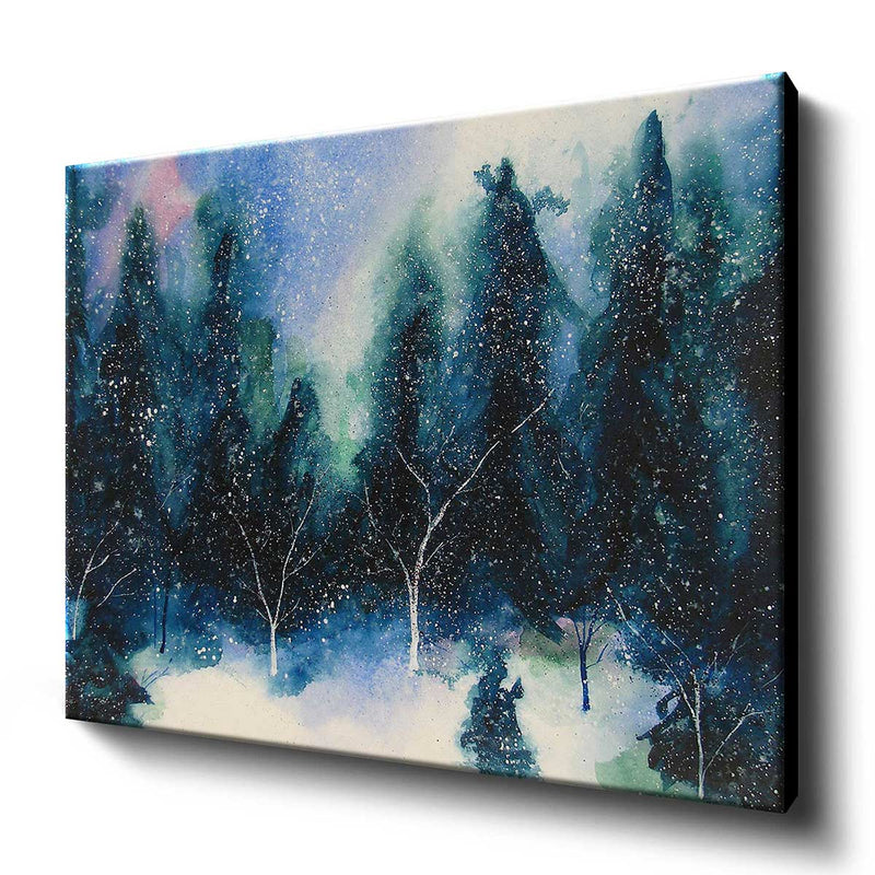 Winter forest wall art canvas with zen watercolor painting of snowy trees in a beautiful winter clearing.