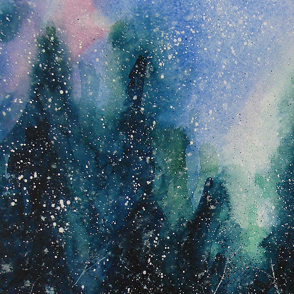 Large forest wall art of dark evergreen trees surrounding a snowy clearing beneath the aurora borealis.