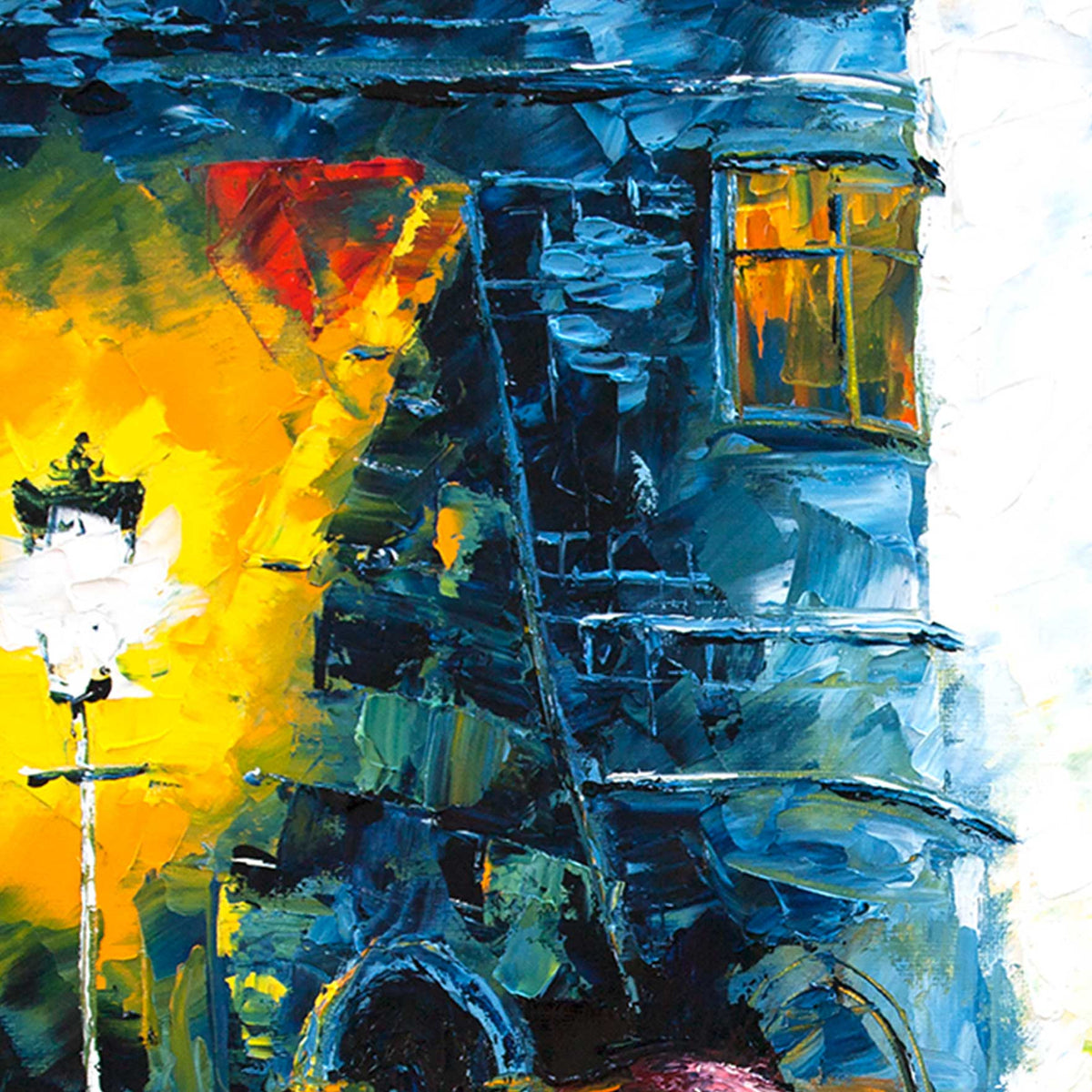 Winter wall décor of rainy blue British city street with a red phone booth and warm glowing lamp posts