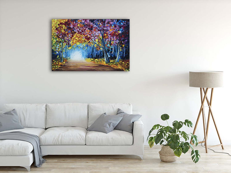 Large original oil painting on canvas, of a glowing path through a vibrant fall landscape with colorful autumn trees.