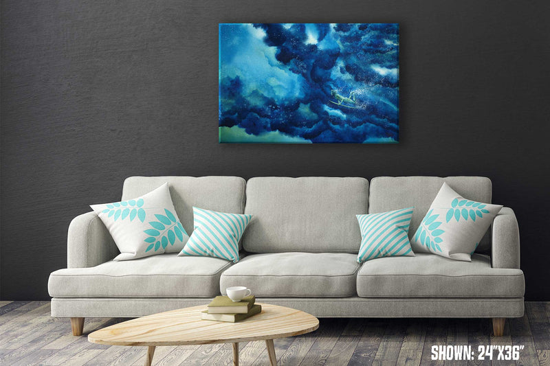 Large wall art of deep blue wave with relaxed surfer gliding beneath the swell