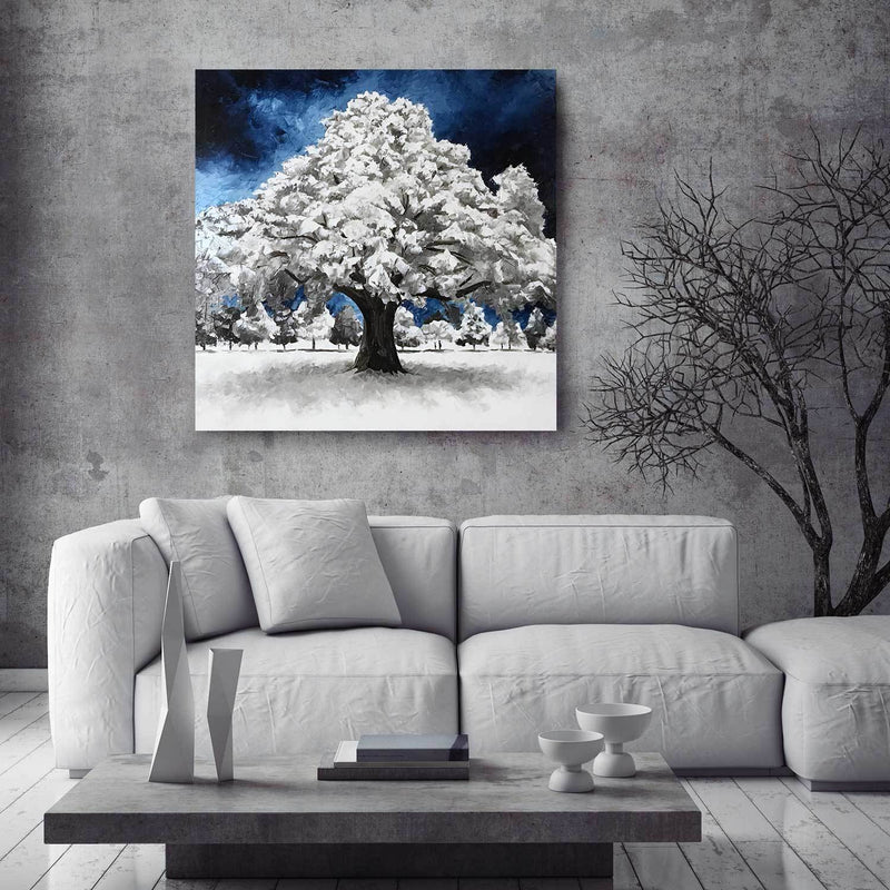 Original oil on canvas painting of white winter tree in gray and white room. Shown as winter decor.